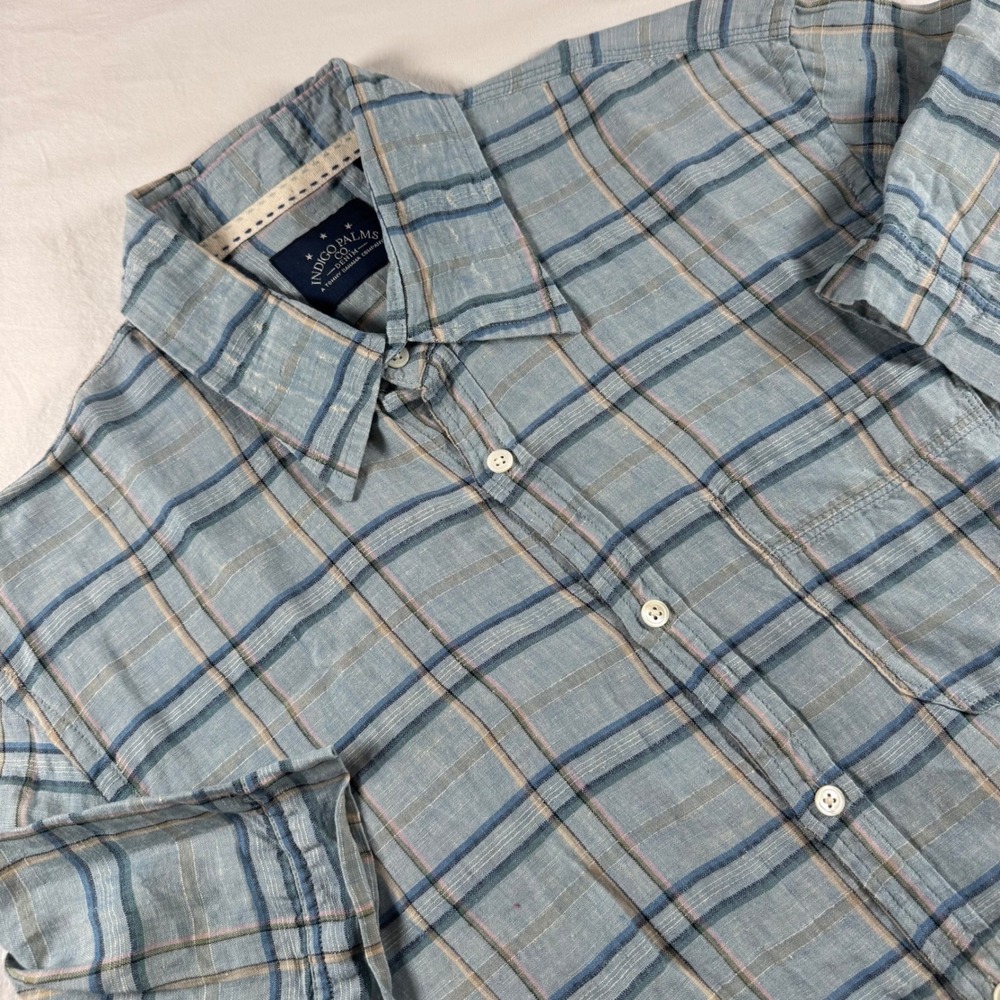Indigo Palms Tommy Bahama Men's Size L Blue Plaid S/S 100% Linen Button Up Shirt